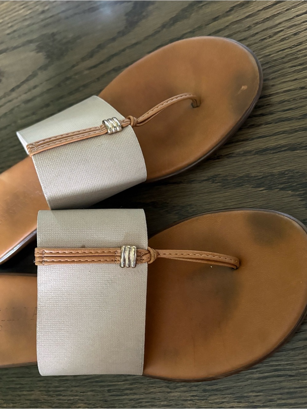 Italian Shoemakers Beige and Tan Slide Sandals with Metallic Accent